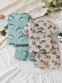 Bộ 8 món/set (giao ngẫu nhiên), bộ đồ ngủ ôm sát 2 món, đồ mặc nhà mùa hè tay ngắn và quần short cho bé trai, họa tiết động vật biển dễ thương như cá mập, sao biển, chữ cái, tê giác, rùa. - Nhiều màu - Xem 2