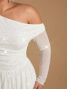 SHEIN BAE Plus Size White Summer Elegant Girlism Night Out Club Party Dresses,Shiny Sequin Rhinestone Asymmetrical Oblique Shoulder Mesh Cascading Ruffle Dress - White - View 6