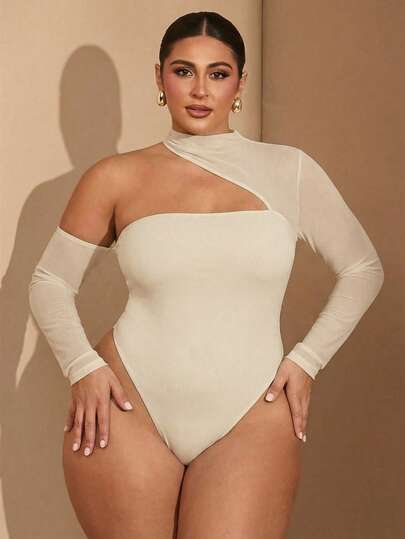 SHEIN BAE Plus Size Women Black Mesh Contrast Asymmetric Bodysuits, Strapless Bodysuits, Women Bodysuit & Concert Women Outfit & Festival Outfits Summer Tops, For Winter