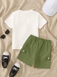SHEIN Genkimix Kids 两件套男童圆领短袖口袋T恤和短裤休闲套装 - 軍綠色 - 查看 2
