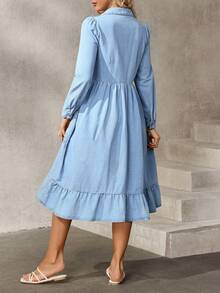 EMERY ROSE 女士翻领单排扣口袋休闲度假约会外出长袖牛仔连衣裙 - 藍色 - 查看 2