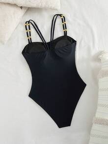 Swim Chiccia Maillot de bain une pièce moulant, couleur unie, décolleté ras-du-cou avec perles dorées à la taille, pour femmes. Idéal pour les vacances d'été - Noir - Voir 7