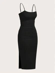 SHEIN EZwear Đầm hè dáng ôm màu đen xếp ly, thanh lịch, dây mảnh dành cho nữ, cỡ lớn. - màu đen - Xem 5