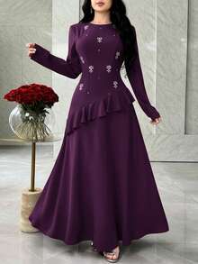 Feyla Women's Elegant Rhinestone Peplum Waist Long Dress, Suitable For Spring And Autumn - Purple - View 5