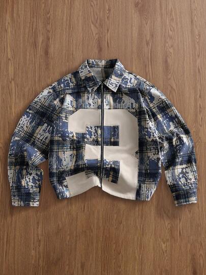 TOKVUE 男士复古格纹衬衫，宽松版型，颓废摇滚风，长袖衬衫，街头风长袖拉链衬衫，复古重塑，经典格纹做旧图案，简约数字点缀，醒目现代，融合当代与复古风格，适合休闲、街头、户外、主题派对、时尚穿搭、节日礼物、送给男友/老公的礼物