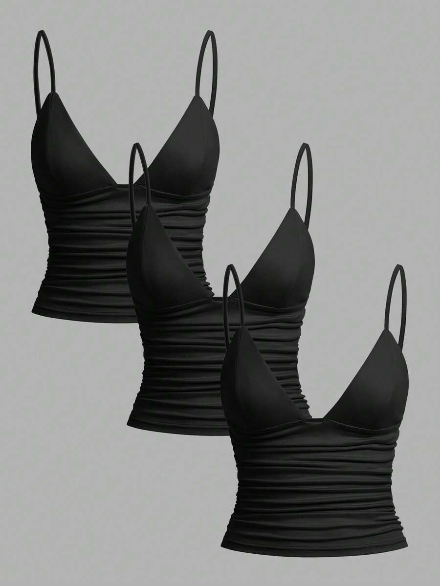 SHEIN EZwear 3件套女士休闲褶皱修身吊带背心,内置胸罩,适合夏季穿着 - 黑色 - 查看 1