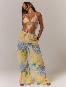MUSERA 网眼印花串珠抽绳阔腿裤，夏季度假伊比沙岛优雅可爱海滩节锐舞波西米亚风沙滩装度假服，夏季条纹派对装扮 - 鵝黃色 - 查看 3