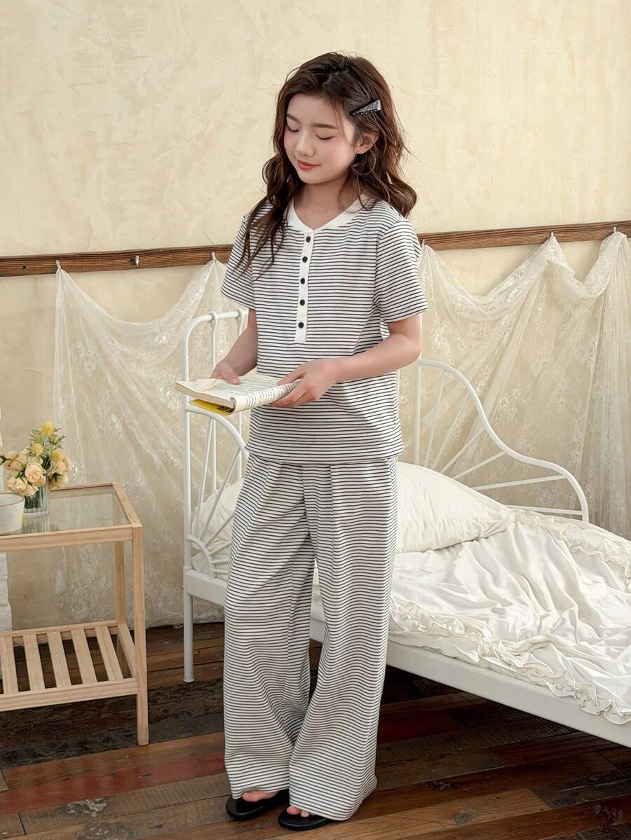 DAZY Tween Girl Striped Print Crew Neck Short Sleeve Top And Pants Pajama Set - Multicolor - View 1