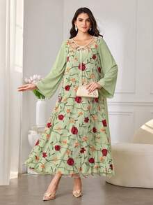 Al Najma Women's Elegant Colorful Embroidered Arabic Style Maxi Tie-Waist Dress - Green - View 3