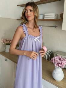 Snug Reverie Áo ngủ nữ lãng mạn với viền bèo nhún phối màu tương phản và họa tiết xếp nếp. - Màu Lilac Tím - Xem 6