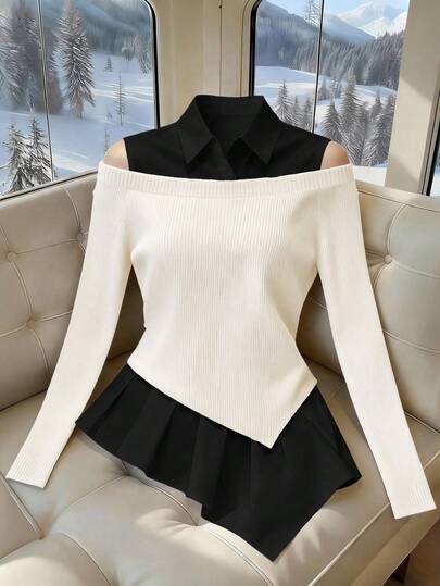 Franclia Blusa minimalista francesa de 2 en 1 con hombros abiertos, mangas abultadas y contraste de color clásico negro y blanco para mujeres