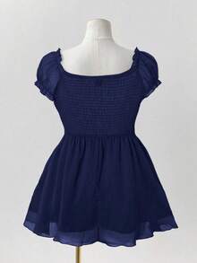 Sunspun 大码夏季休闲纯色荷叶边衬衫 - 藏蓝色 - 查看 2