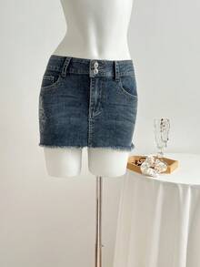 Elamini Women's Summer Casual Embroidered Denim Mini Skirt - Dark Wash - View 5