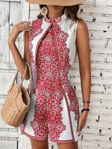 Chiquease Women's Casual Floral Print Sleeveless Jumpsuit, Summer Holiday Style - Red - View 1