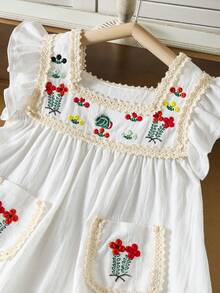 SHEIN Young Girls Floral Embroidered Square Neck Ruffle Hem Dress,Holiday,Summer, Travel - White - View 5