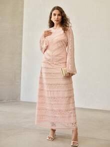 MOTF PREMIUM 大码女式优雅撞色蕾丝荷叶边修身长袖半身裙 - 粉色 - 查看 3