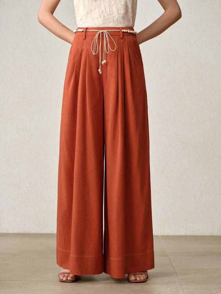 WOMEN'S ORANGE LOOSE CASUAL BELTED WIDE LEG PANTS