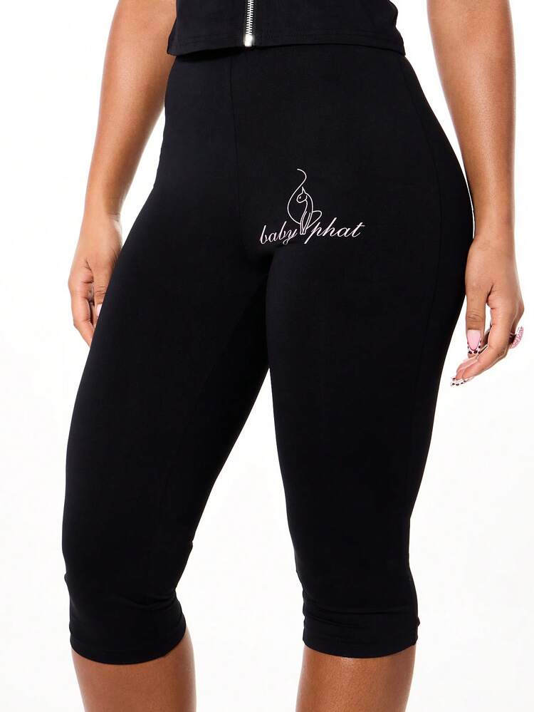 BABYPHAT Branded Script Print High Rise Capri Length Leggings With Jersey Knit Fabric