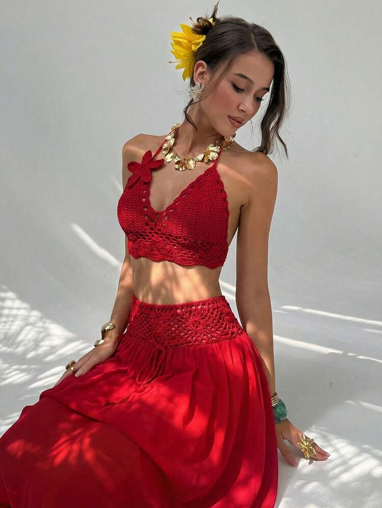 Aloruh Conjunto de 2 piezas de top de punto sin mangas con decoración de flores 3D y falda, atuendos de verano de moda, ropa de verano, atuendos de playa para mujer, ropa de vacaciones, atuendos de vacaciones bohemios tropicales, ropa de mujer, blusas de halter de ganchillo y gasa, atuendos sexys para mujer en otoño/invierno - Marrón - Añade 3