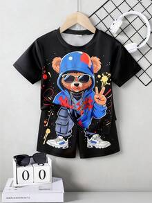SHEIN Sparklyn Young Boys Cute Cartoon Print Short Sleeve T-Shirt Set - Black - View 1