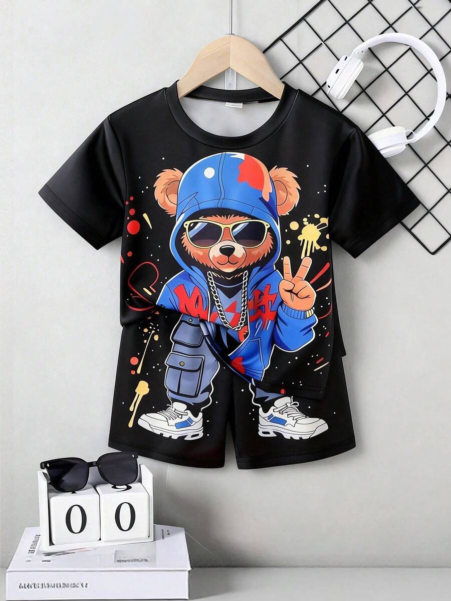 SHEIN Sparklyn Young Boys Cute Cartoon Print Short Sleeve T-Shirt Set - Black - View 1