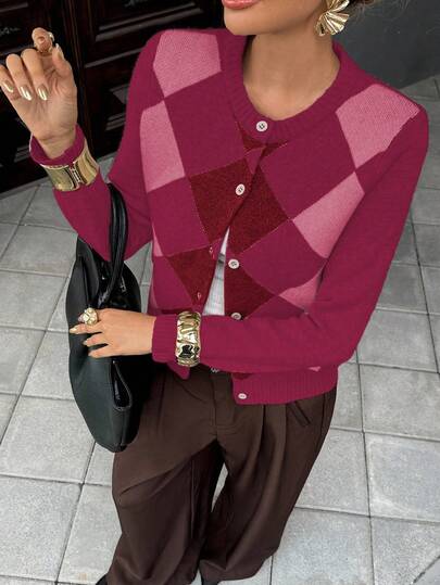 Pariaura Women's Rhombus Color Block Round Neck Button Front Cardigan Sweater, Long Sleeve