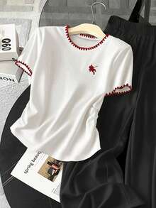 Resyla 2pcs Women Contrast Trim Round Neck Short Sleeve Top And Black Pants Set - Multicolor - View 3