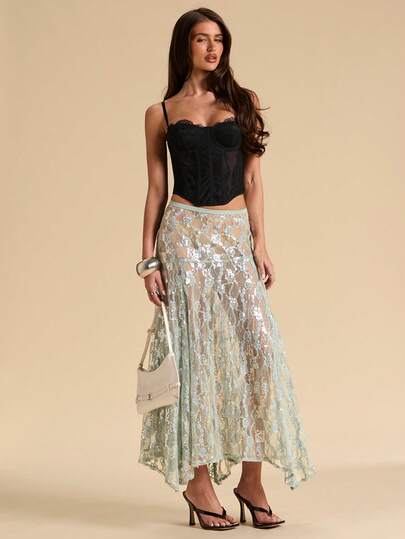 SHEIN BAE Sheer Blue-Green Lace Skirt, Elegant Skirt, Spring/Summer Skirt, Suitable For Nightclub Party, Outing, Summer Dress, Beach Vacation, Work/Office, Business Casual