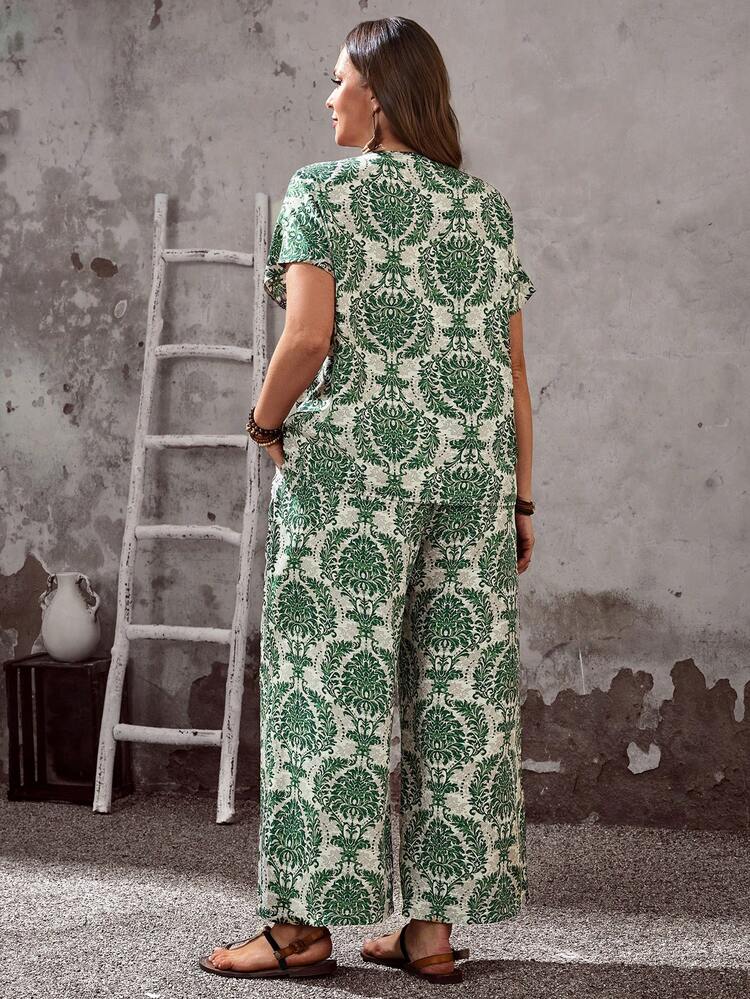 Plus Size Women's Casual Floral Print Loose Top And Wide Leg Pants 2 Piece Set, Suitable For Spring, Summer, Vacation, Casual Sets For Women, Summer Outfits Summer Pants Sets For Women 2 Piece Casual Sets Woman Two Piece Set Women Vacation Comfortable Two Piece Set