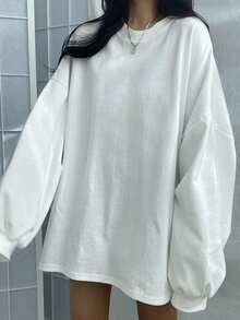 DAZY 纯色落肩超大套头衫、长袖上衣、秋装、返校服运动衫 - 白色 - 查看 8
