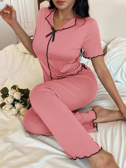  Côtesoire Women V-Neck Short Front Long Back Black Bow Tie Ruffle Trim Soft Thin Milk Silk Short Sleeve Pajama Set, Casual Comfortable Loungewear