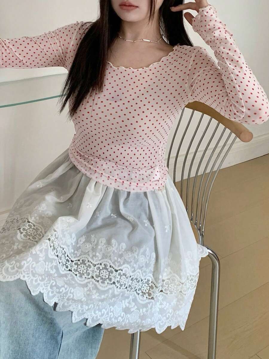 DAZY 女士波点薄纱长袖圆领打底衫，春夏款 - 淺粉色 - 查看 1