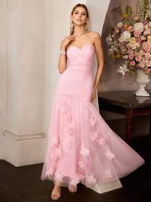 MOTF Soiréza 女士浪漫网纱花卉贴花正式连衣裙，春夏款 - 粉色 - 查看 1