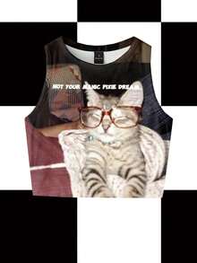 Y2Kool BiGraphic Women's Y2K Cat Animals Print Cropped Round Neck Tank Top, Wedding Guest, Music Festival, Musician, Night Club - Multicolor - View 5