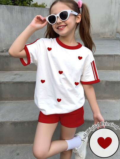SHEIN 2pcs/Set, Young Girl Casual Fashion Creative Personalized Fresh Minimalist Chic Heart Striped Red & White Print Pattern Short Sleeve T-Shirt And Shorts Set, Suitable For Summer, Ideal For Valentine's Day, School Style, Vacation Style Girl Summer Outfit Cherry Kids Outfit Heart Print Shorts Set Short Sleeve Two-Piece Set Two Piece Cute Set Kids