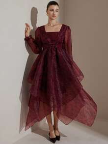 Aveloria Modichic Irregular Hem Drawstring Design Ruffle Patchwork Vintage Romantic Elegant Party Maxi Dress, Floral Print, Organza Fabric, Long Sleeve, Women - Multicolor - View 6