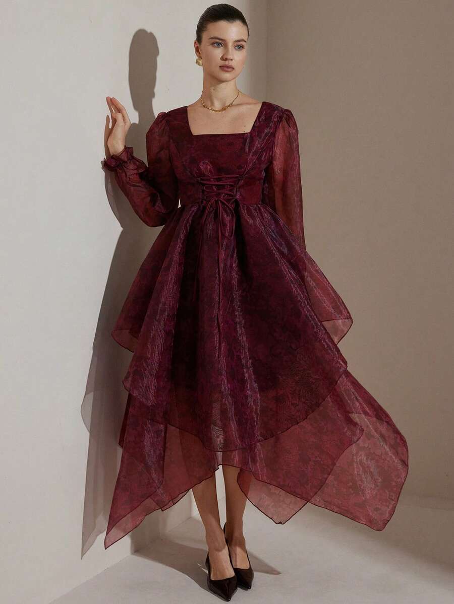 Revavyn 不规则下摆抽绳设计荷叶边拼接复古浪漫优雅派对长裙，花卉印花，欧根纱面料，长袖，女款 - 彩色 - 查看 1