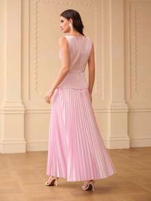 ZEYLAH 女士优雅派对连衣裙，简约纯色，饰以水钻，方领，收腰设计，褶裥下摆 - 淺粉色 - 查看 3