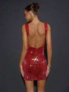 SHEIN BAE 秋季纯色卡其色水钻水晶闪亮吊带方领修身迷你连衣裙，优雅连衣裙，适合派对、夜店、鸡尾酒会、宴会、夜间外出、舞会、约会等场合。 - 紅色 - 查看 2