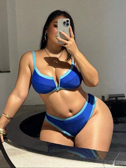 Swim SXY Conjunto de bikini azul de 2 piezas con escote en V y tirantes calados para mujer de talla grande, traje de baño sexy de color contrastante, adecuado para vacaciones de verano en la playa
