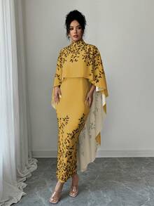 SHEIN Elenzya 优雅高领印花中长连衣裙，带披肩 - 橘色 - 查看 3