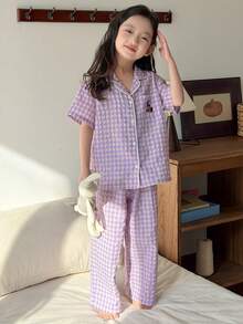 Dazy Kids 女童格子短袖睡裤套装，春夏款 - 紫色 - 查看 5