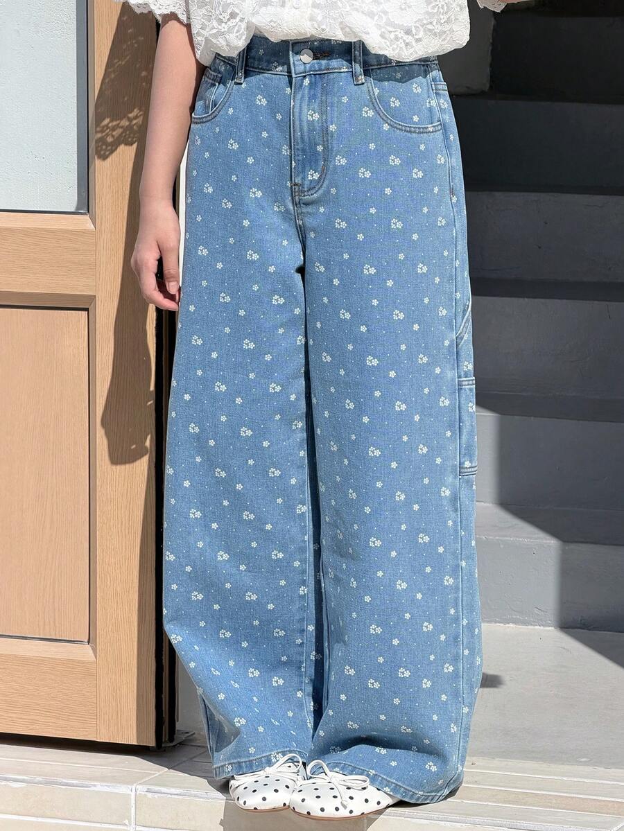 DAZY Tween Girls' Ditsy Floral Pocket Loose Wide Leg Casual Jeans - Blue - View 1