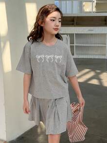 Dazy Kids Tween Girls' Casual Bow Print Round Neck T-Shirt Set, Summer - Grey - View 4