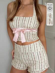 CovetEZ 女士休闲度假风碎花撞色蝴蝶结露脐吊带上衣和短裤两件套 - 粉色 - 查看 6