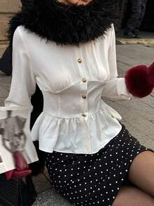 DAZY Elegant Ruffle Hem White Blouse For Women - White - View 1