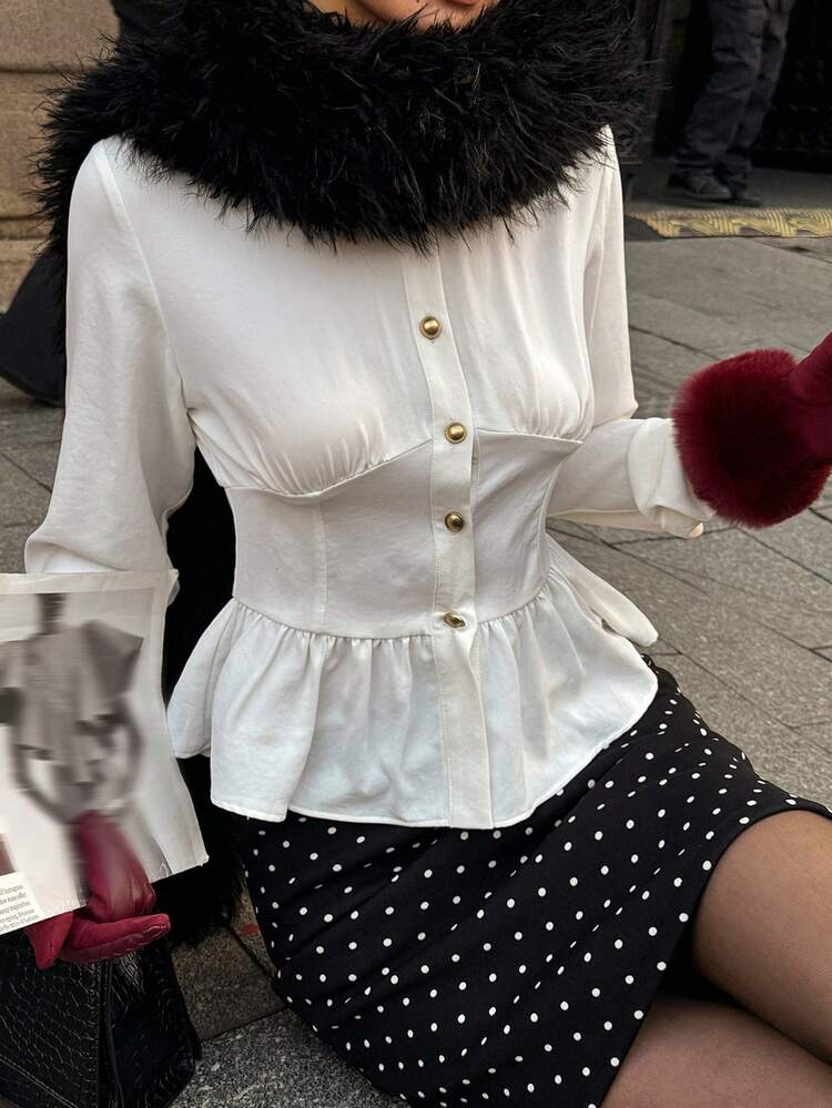 Elegant Ruffle Hem White Blouse For Women