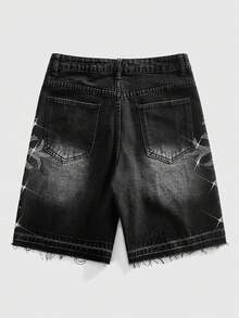 ROMWE MEN Street Life 男士做旧口袋阔腿宽松百慕大牛仔短裤 - 黑色 - 查看 2