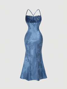 SHEIN MOD Romantic Elegant Draped Neck Lace Panel Mermaid Satin Long Dress In Blue – Beachwear, Bohemian Style, Perfect For Spring Break, Birthday, Party, Graduation, Prom, Festival, Vacation, Date, Picnic, And More.Blue Satin Midi Dress Floral Jacquard Pattern Spaghetti Straps Cowl Neckline Lace Trim Artistic Detailing Elegant Silhouette Flared Hem Lightweight Fabric Subtle Sheen Vintage Inspired Soft Texture Delicate Appearance Refined Shape Classic Style Sleeveless Graceful Drape Flattering Fit,Summer Holiday Outfits, Vacation Outfits , Carnival Costume , Valentines Day Outfit  , Valentine Outfits For Women , Summer Outfits , Spring Break Outfits - Blue - View 6