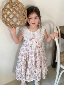 DAZY Young Girl Floral Print Lace Collar Cute Party Dress - Pink - View 1